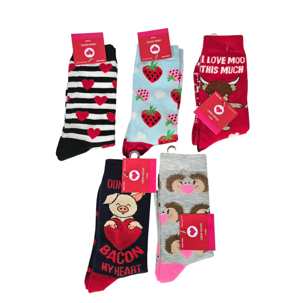 Lot of 5 Target Crew Socks Womens Shoes Size 4-10 Valentines Hearts Love Animals